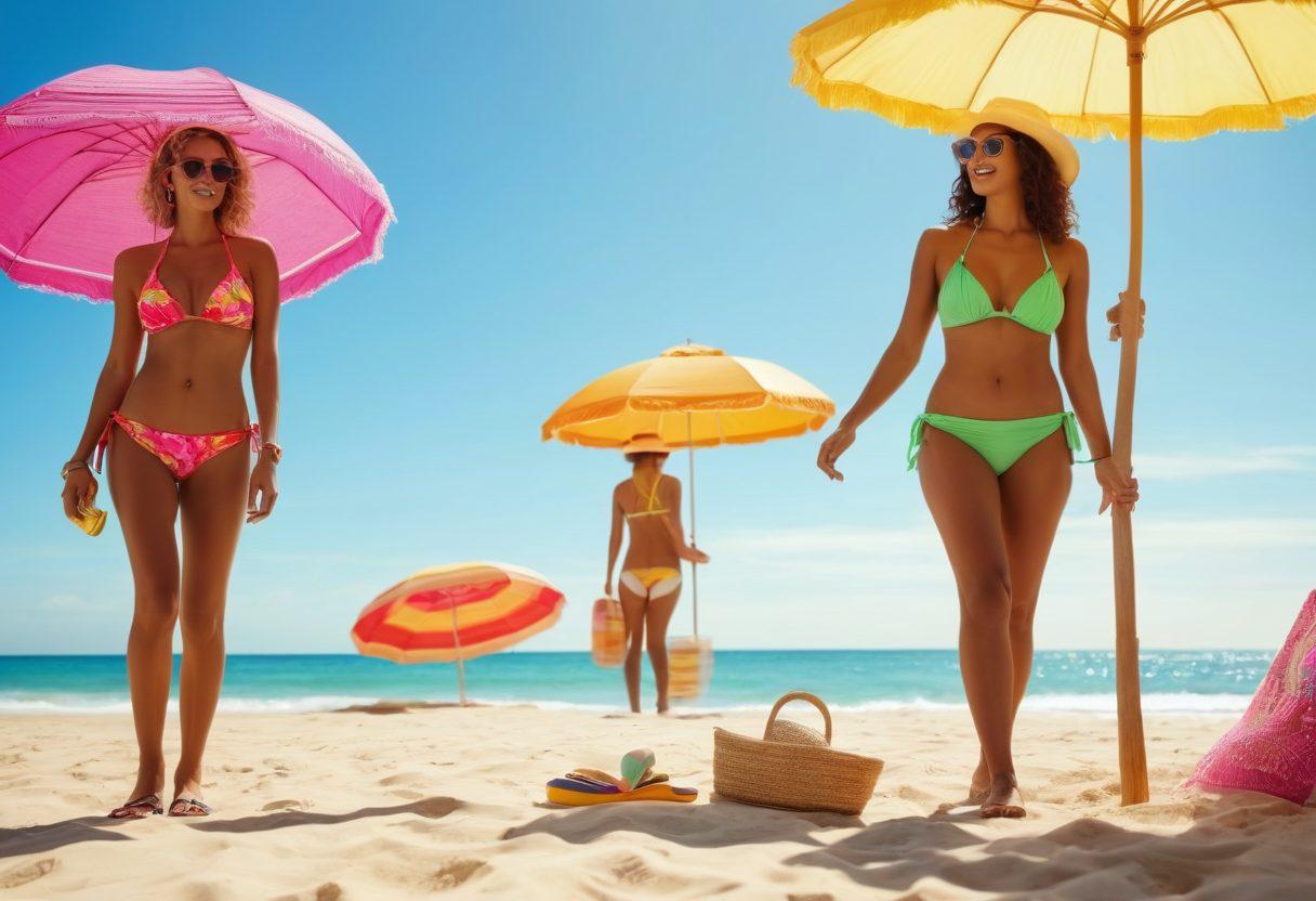 An idyllic summer beach scene featuring diverse women showcasing the latest bikini styles, with vibrant beach umbrellas, colorful flip-flops, and sun hats. The backdrop includes soft waves and a clear sky, creating a lively and fashionable atmosphere. Focus on fashionable accessories like sunglasses and beach bags to highlight trends. super-realistic. vibrant colors. sunny atmosphere.