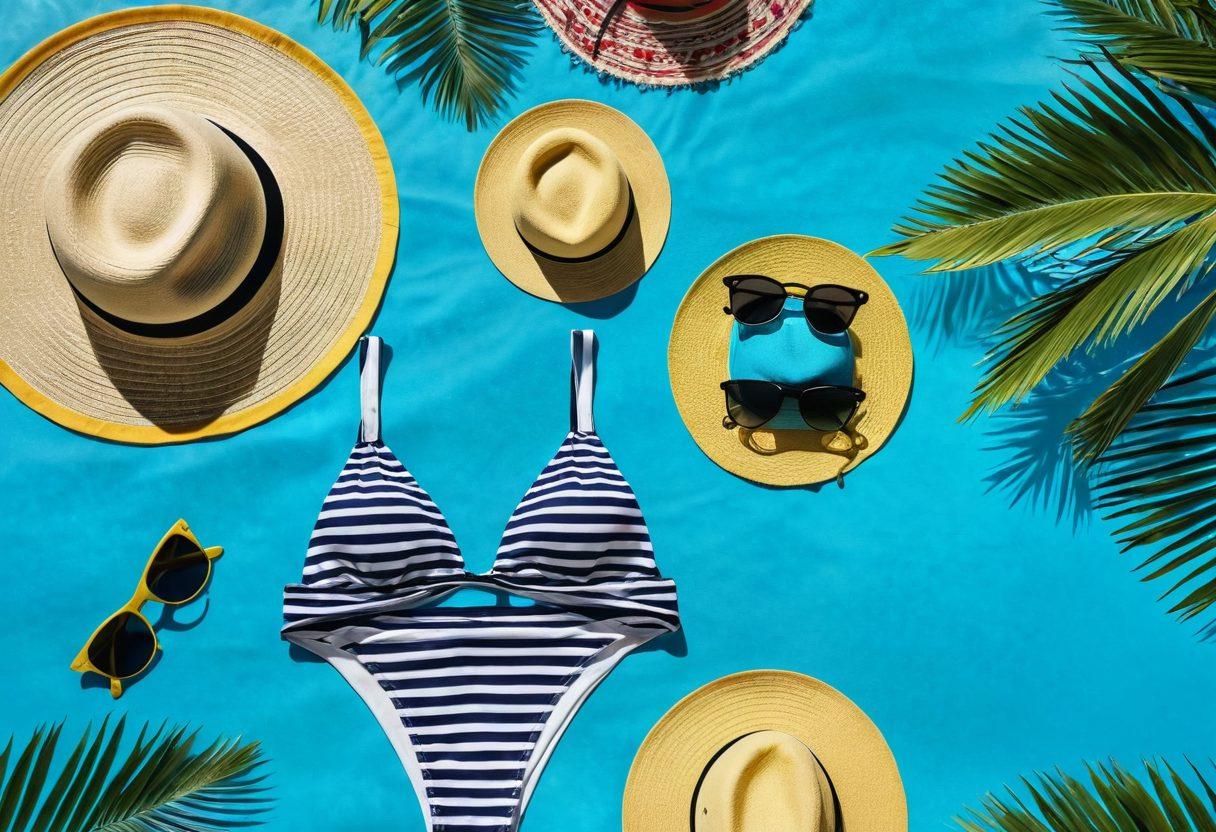 A vibrant beach scene featuring an array of trendy bikini tops and bottoms, laid out on a colorful beach towel. Include sun hats, sunglasses, and tropical accessories surrounding the swimwear, with a clear blue ocean and palm trees in the background. The setting should evoke a cheerful summer vibe, inviting the viewer to imagine a perfect getaway. hyper-realistic. bright colors. sunny atmosphere.